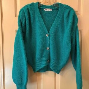 Zara Cardigan Sweater Turquoise Blue Rhinestone Buttons Cropped Fluffy WM SZ S